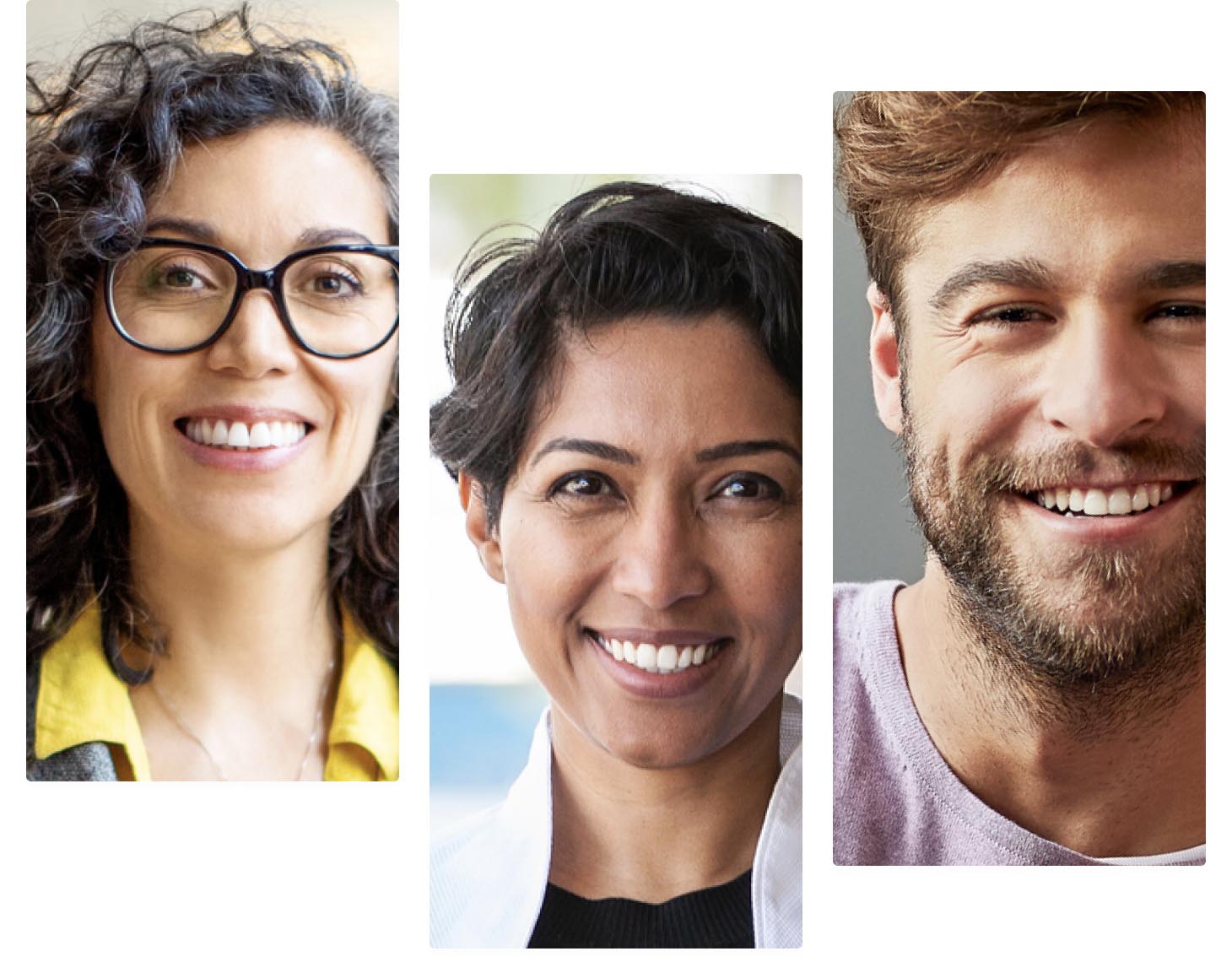 3 smiling people inside tall white frames